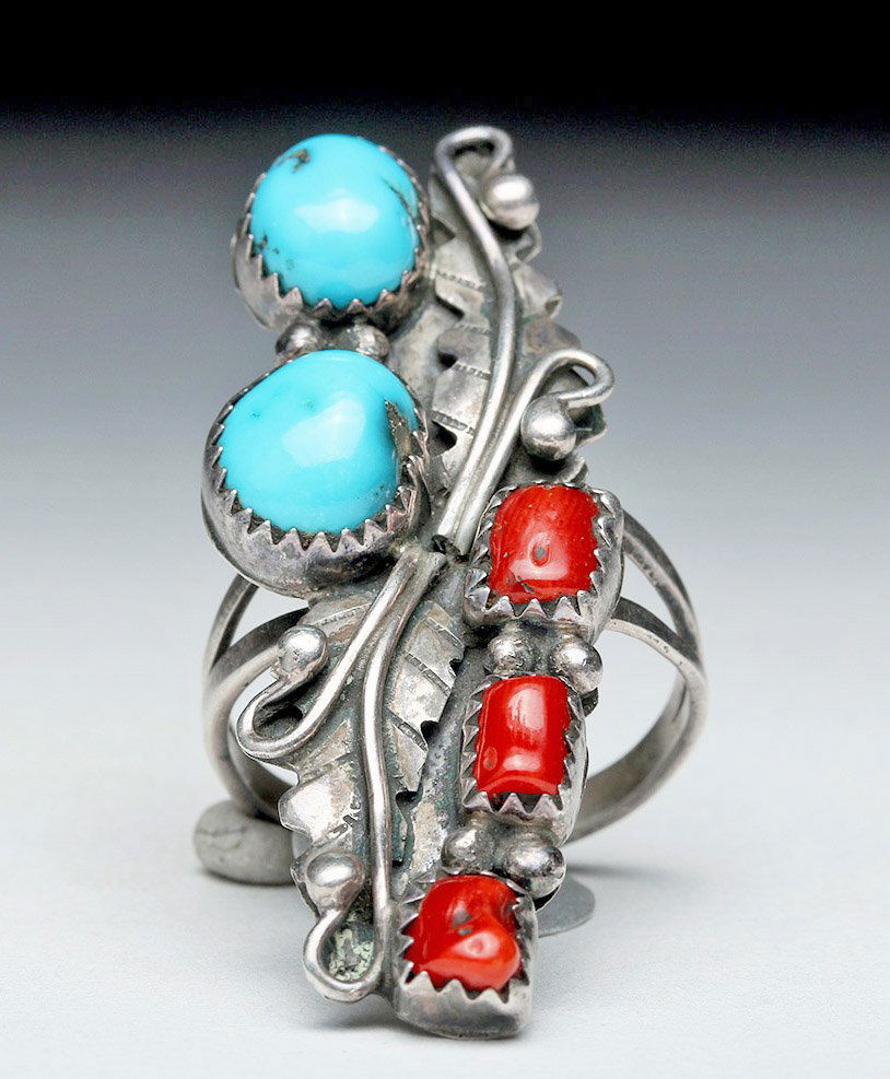 Zuni Coral, Turquoise, and Silver Ring - Feather Motif (1 of 6)