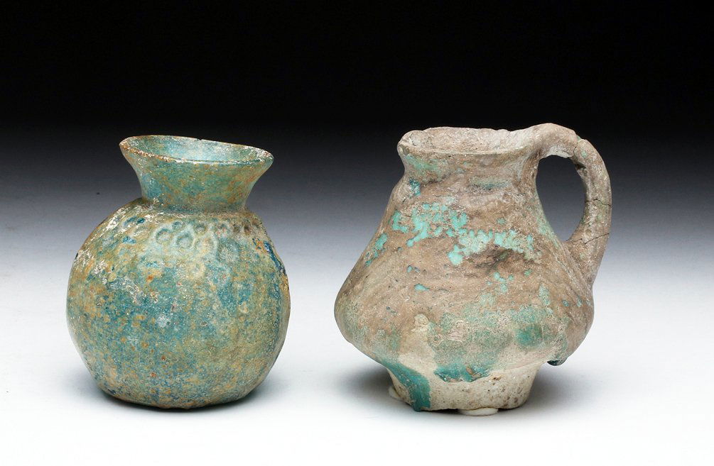 Lot of 2 Islamic Vessels - Glazed Pottery + Glass (1 of 4)
