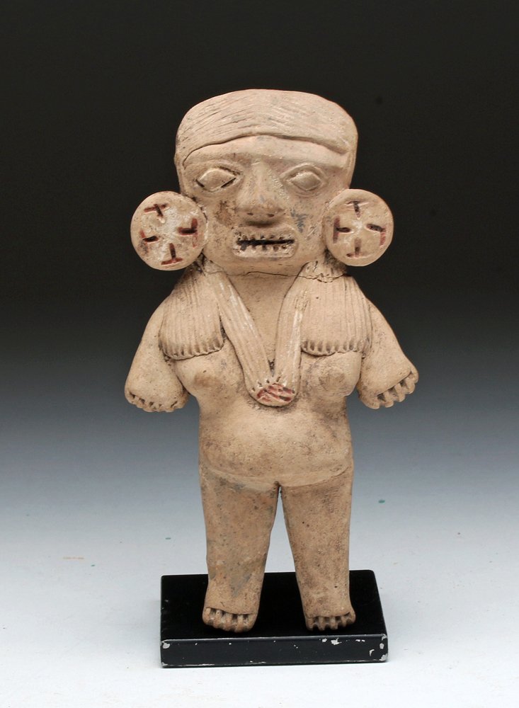 Michoacan Pretty Lady w/ Grimace: Pre-Columbian, western Mexico, Michoacán, ca. 500 to 200 BCE. A somewhat unusual pottery "Pretty Lady" or Venus figure. Although she probably does not qualify under western standards as a real beauty