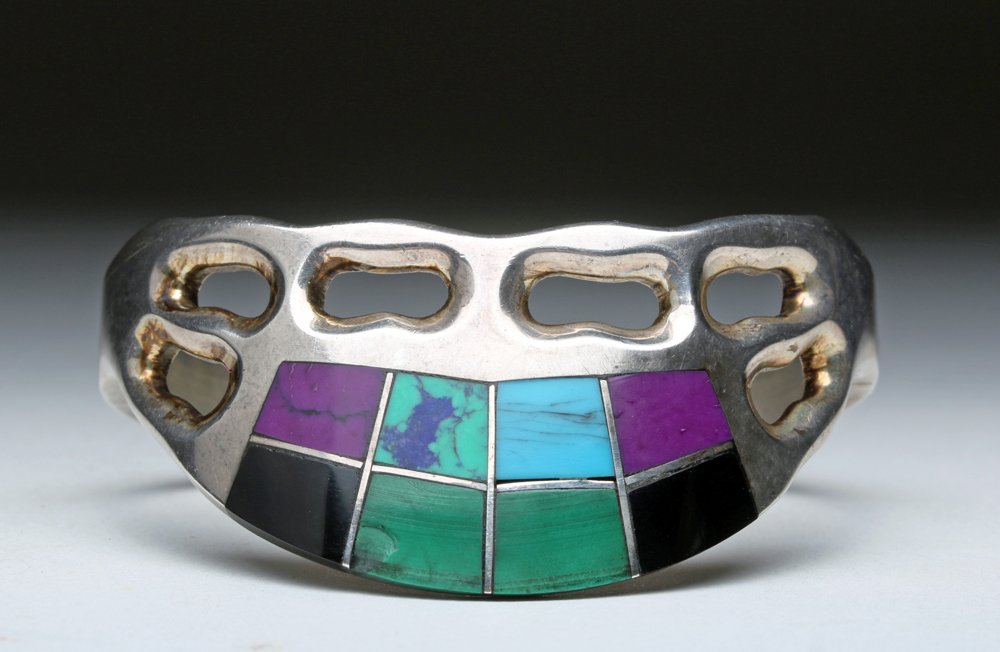 Mexican Sterling Bracelet, T8-88 w/ Colorful Inlays (1 of 7)