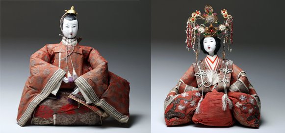 19th C. Japanese Imperial Dolls - Matched Pair: Japan, Late Edo / Meiji, ca. 1860 to 1900 CE. Lovely matched pair of Imperial character dolls. Each wonderfully attired in period costumes, faces and hands painted wood. Female wears an ornate bejewel