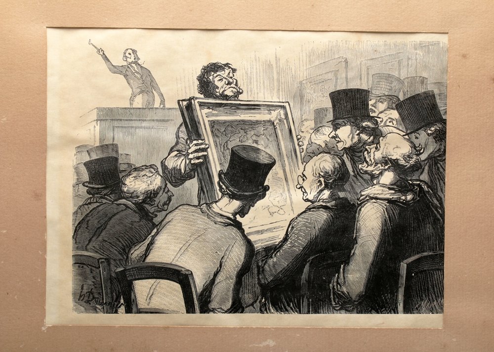 Les Amateurs de tableaux a l'hotel Bouillon Engraving: "Les amateurs de tableaux a l'hotel Bouillon" by Charles Maurand (French, 1824-1904 CE) after Honore Victorin Daumier (French, 1808-1879 CE) printed by Francois Louis Schmied (Swiss, 1873-1941 CE). A 