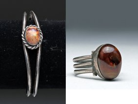 1950's Mexican Silver / Fire Opal Ring and Bracelet (1 of 6)