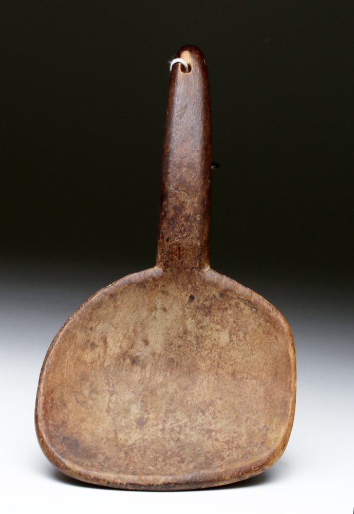 19th C. Seneca Hand Carved Wood Paddle, ex-Historia: United States, Native American, Seneca tribe, ca. 19th century CE. A hand-crafted wood paddle with a large concave receptacle and short handle, created by the Seneca nation, one of the principal membe