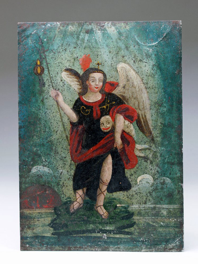 19th C. Mexican Retablo San Rafael w/ Fish, ex-Historia (1 of 2)