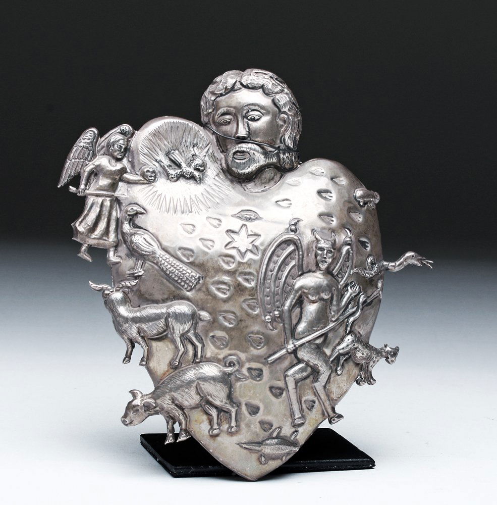 20th C. Silver Heart Milagro, Jesus Satan, ex-Historia (1 of 2)