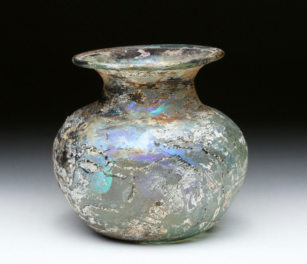 Highly Iridescent Roman Glass Jar (1 of 3)