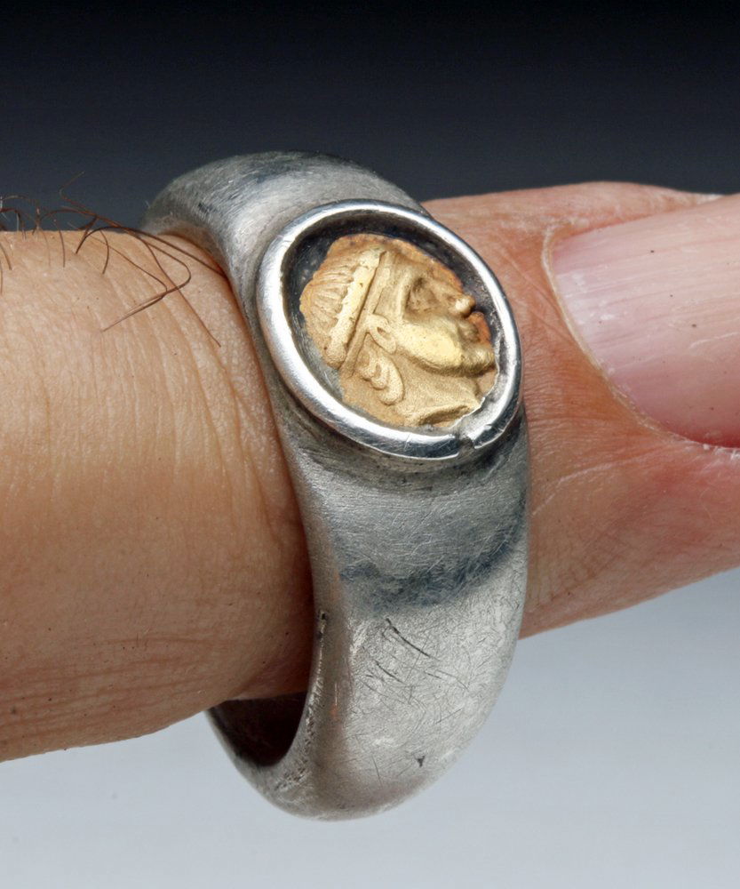 Roman Silver Ring, Gold Tiberius Intaglio Bezel (1 of 4)