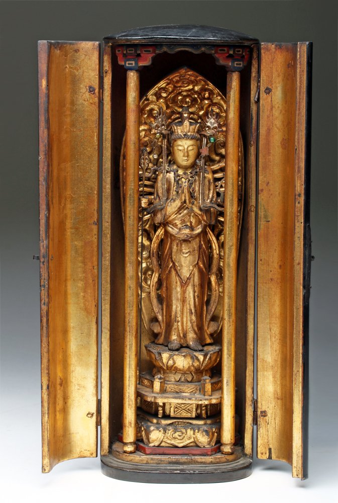 19th C. Japanese Standing Wood Senju Kannon in Zushi: Japan, Meiji Period, ca. 1880 CE. This is a wood, gold-leaf, and lacquer zushi (small Buddhist shrine) portraying a standing bodhisattva, Senju Kannon. In Japanese tradition, Kannon has prolonged her 