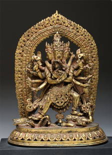 19th C. Nepalese Gilt Bronze Yab-Yum, Ex-Sotheby's: Nepal, ca. 1875 CE. This incredibly detailed bronze gilded statue depicts Samvara, a protective Buddhist deity, embracing his shakti (female consort), Vajravarahi. They represent the concept of Yab-Yu