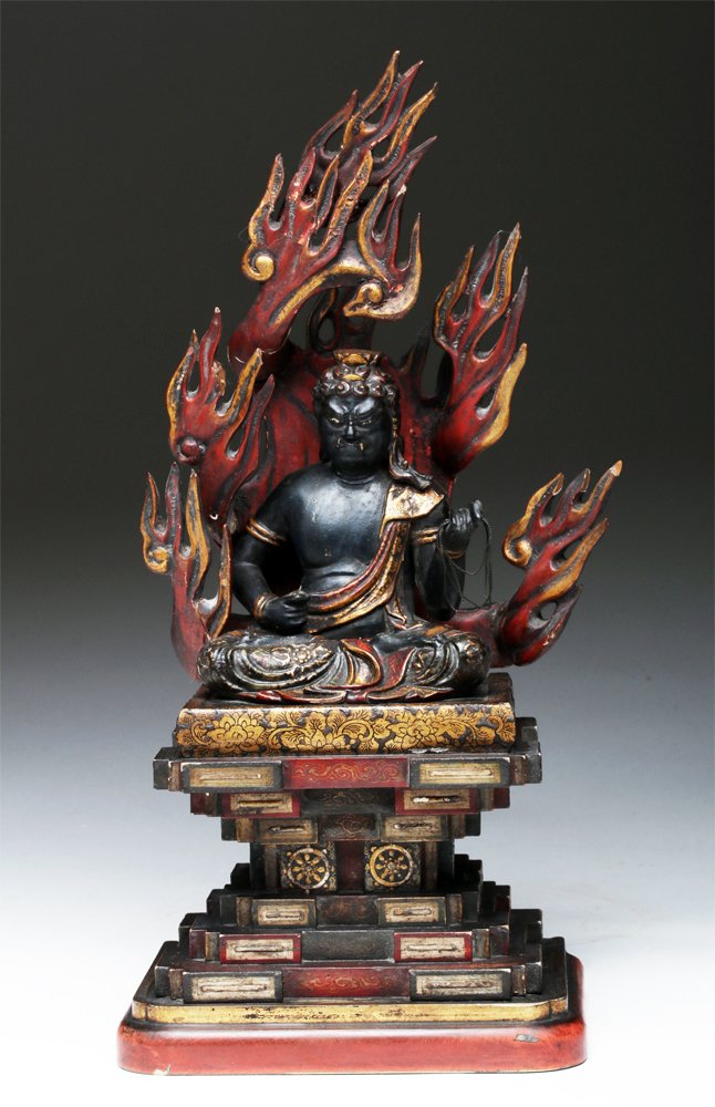 19th C. Japanese Lacquered Wood /Gilt Shrine -Fudo Myoo: Japan, 19th century CE. This is a lacquered and gold leafed wooden shrine sculpture of Fudo Myoo, which is the Japanese name for Acala, a dharmapala (wrathful deity). He is seated in the lotus positio
