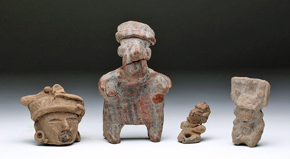 Lot of 4 Pre-Columbian Terracotta Figures: Pre-Columbian, Central and West Mexico, Vera Cruz / Veracruz, Colima, Jalisco, and Jaina, ca. 300 BCE to 300 CE. An assorted ensemble of Pre-Columbian ceramic figural pieces, including a Vera Cruz vis