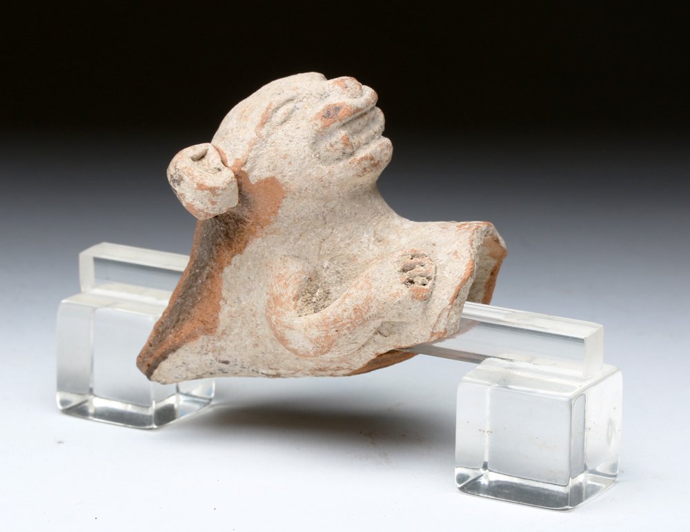 Pre-Columbian Oaxaca Pottery Fragment - Jaguar: Pre-Columbian, Valley of Oaxaca, Mexico, probably Zapotec from Monte Alban, ca. 200 BCE to 800 CE. This is a fierce, snarling jaguar head and upper body that has been broken off of something, possibly