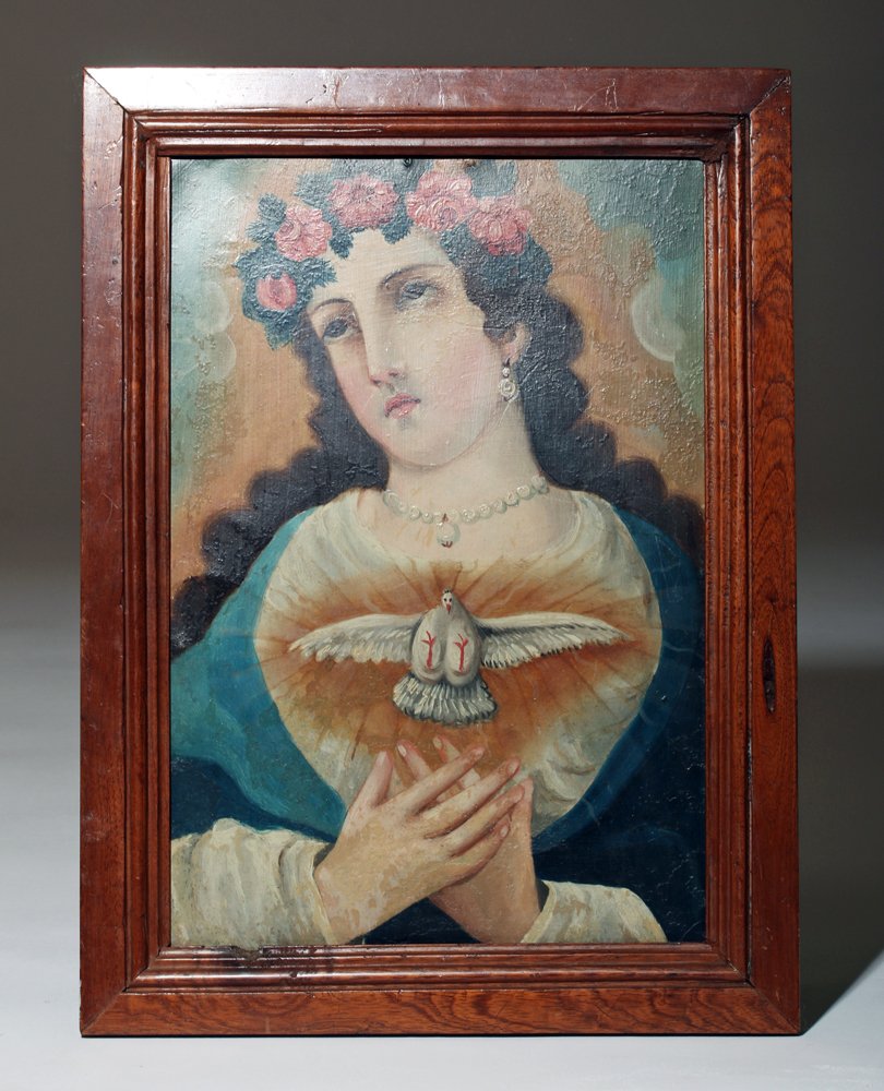 19th C. Mexican Retablo - El Alma de Maria: Spanish Colonial, Mexico, ca. 19th century CE. A classic framed retablo of El Alma de Maria painted in oil on tin, capturing the mystical descent of the Holy Ghost upon Mary and the announcements of t