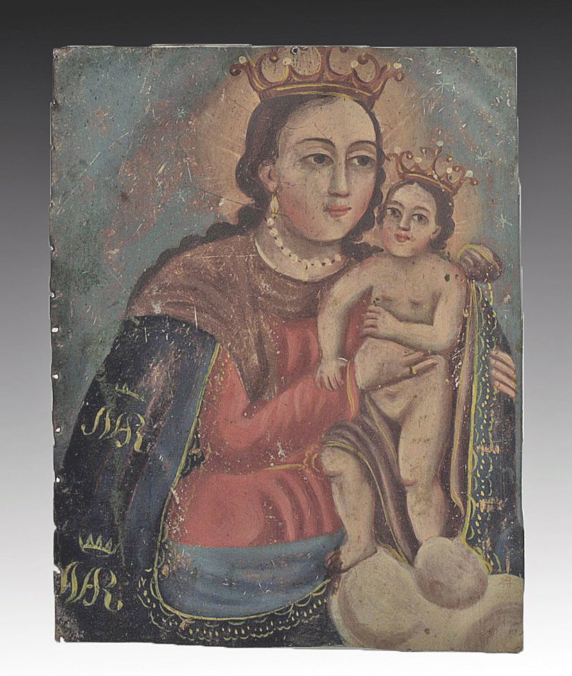 19th C. Mexican Retablo - Our Lady, Refuge of Sinners: Mexico, 19th century CE. Tender rendition of N.S. Refugio de Pecadores - Our Lady, Refuge of Sinners on an antique tin retablo. In 1719, a Jesuit missionary brought a copy of a painting originally cre