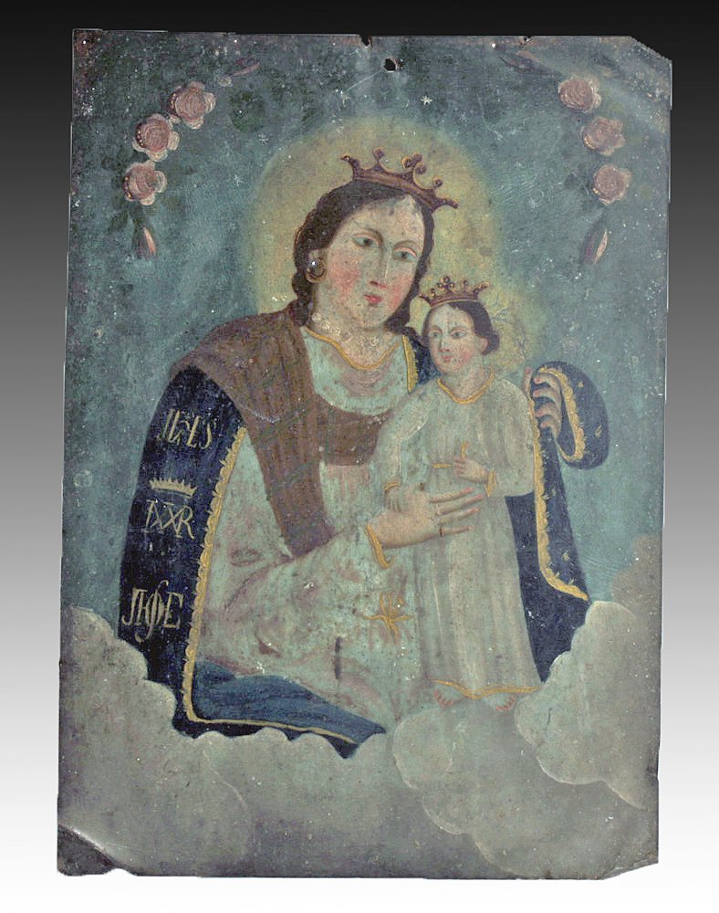 Antique Mexican Retablo - N.S. Refugio de Pecadores: Mexico, 19th century CE. Tender rendition of N.S. Refugio de Pecadores - Our Lady, Refuge of Sinners on an antique tin retablo. In 1719, a Jesuit missionary brought a copy of a painting originally cre