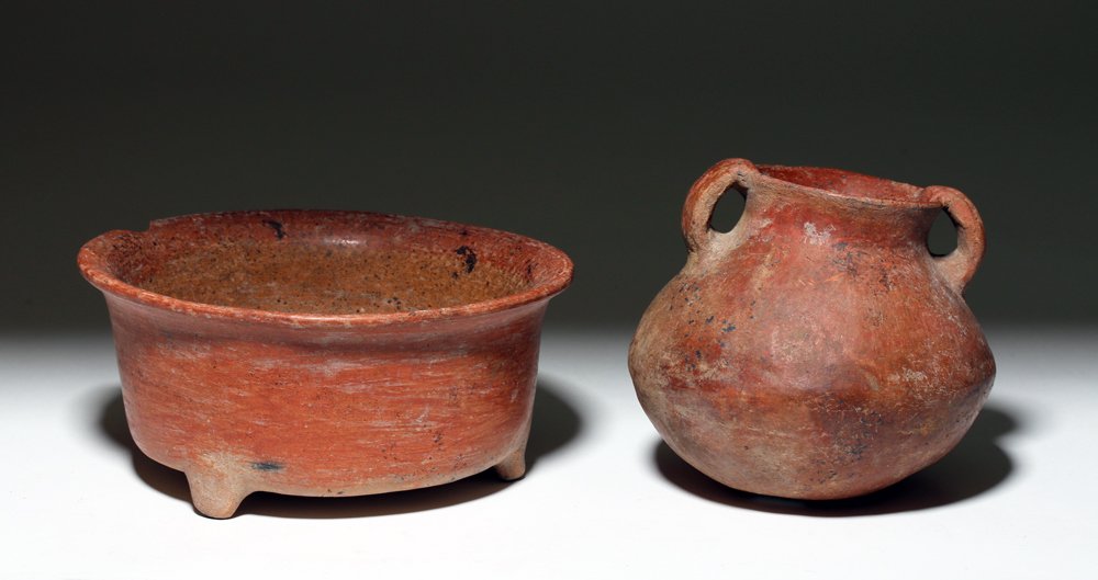 West Mexican Redware Pottery Jug and Bowl: Pre-Columbian, West Mexico, ca. 300 BCE to 300 CE. This is a redware jug and bowl set that compliment each other nicely. The jug has two small handles and the bowl is a tripod. Size of largest: 8" dia