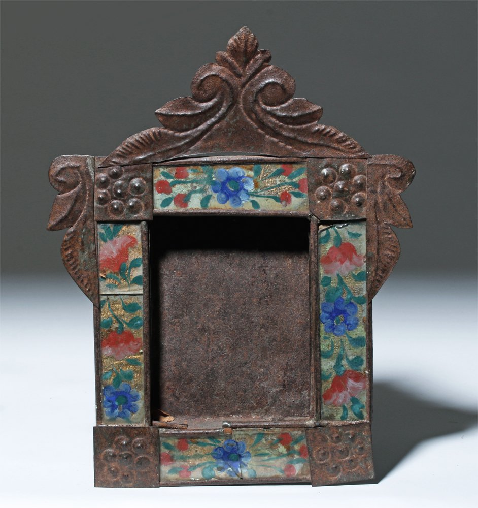 19th C. Mexican Tin Nicho w/ Reverse Painted Glass Edge (1 of 4)