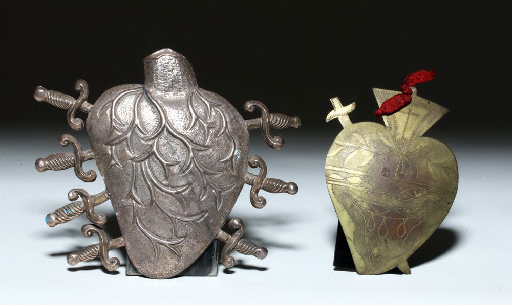 Two Mexican Colonial Heart Milagros - Silver and Brass (1 of 4)