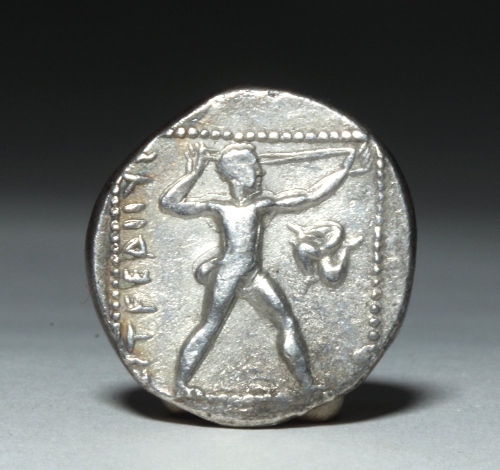 Greek Silver Stater Pamphylia - Wrestlers / Slinger: Southern Turkey under Greek rule, ca. 370 - 333 BCE. Pamphyla: Aspendus. Beautiful silver stater featuring two nude wrestlers grasping each other by the arms; on reverse a slinger (slingshot warrior) 