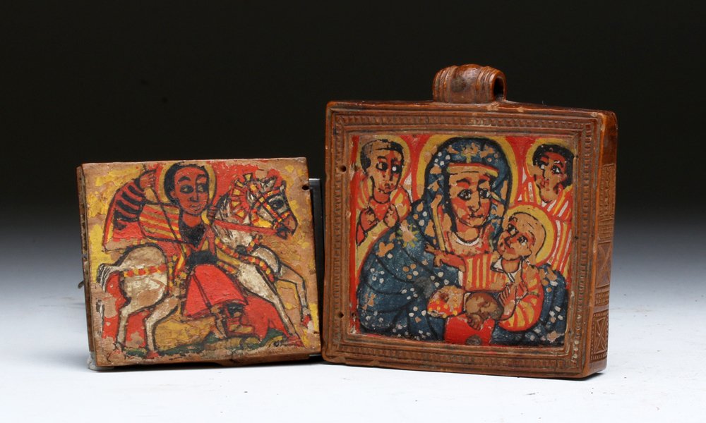 18th C. Ethiopian Wood Diptych Icon Pendant: Ethiopia, Central and Northern Highlands, Amhara or Tigrinya peoples, early 18th Century CE. Carved wood, tempera, pigment. In this period, Ethiopian artists were increasingly exposed to forms of expr