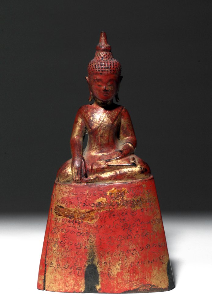 19th C. Burmese Wood Buddha, Red/Gilt, Inscribed (1 of 6)