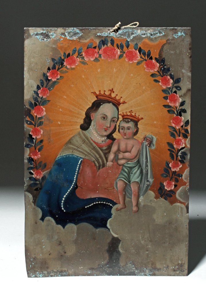 19th C. Mexican Retablo - Virgin Mary and Christ Child: Latin America, Mexico, ca. 1875 CE. A classic 19th century Mexican heavy gauge tin retablo painting, tenderly representing the Virgin Mary and Christ Child, traditionally referred to as N.S. Refugio d
