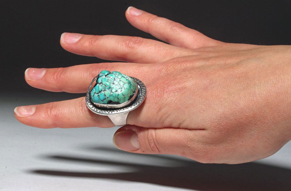 Native American Silver Ring w/ HUGE Raw Turquoise Stone (1 of 4)