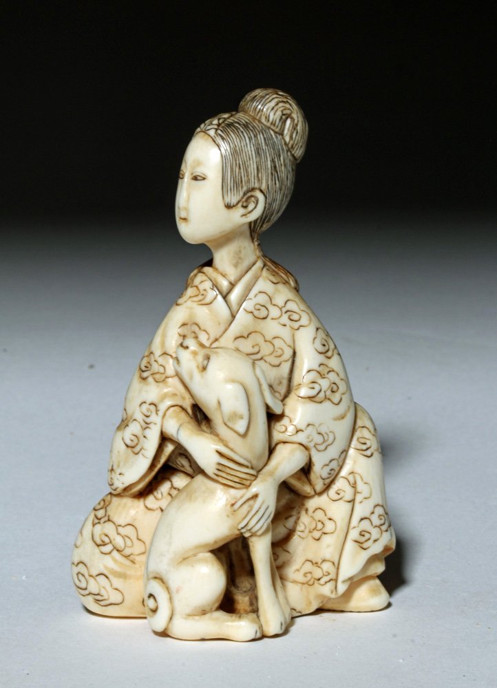 19th C. Japanese Ivory Netsuke - Woman & Dog (1 of 6)