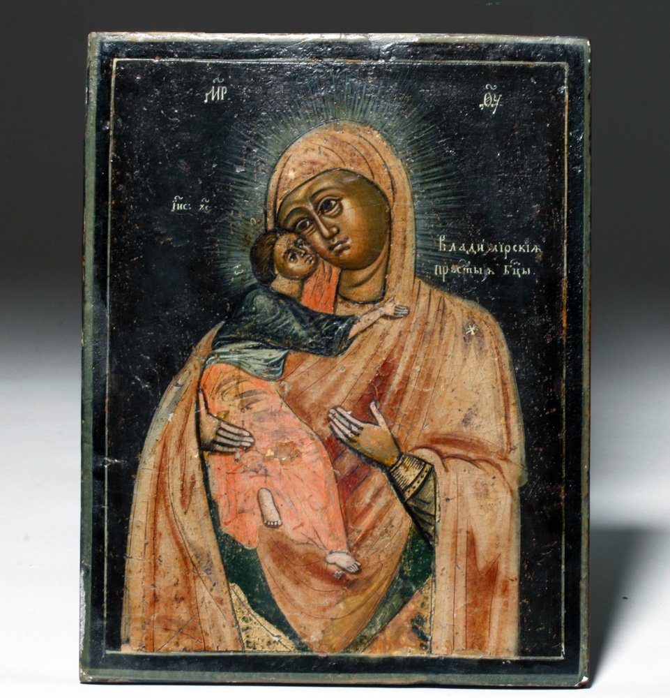 19th C. Russian Icon - Our Lady of the Don: Russia, ca. 19th century CE. A lovely rendition of "Our Lady of the Don," a 14th century Eleusa icon representing the Virgin Mary holding the baby Jesus, painted in egg tempera on wood, with white Cyr