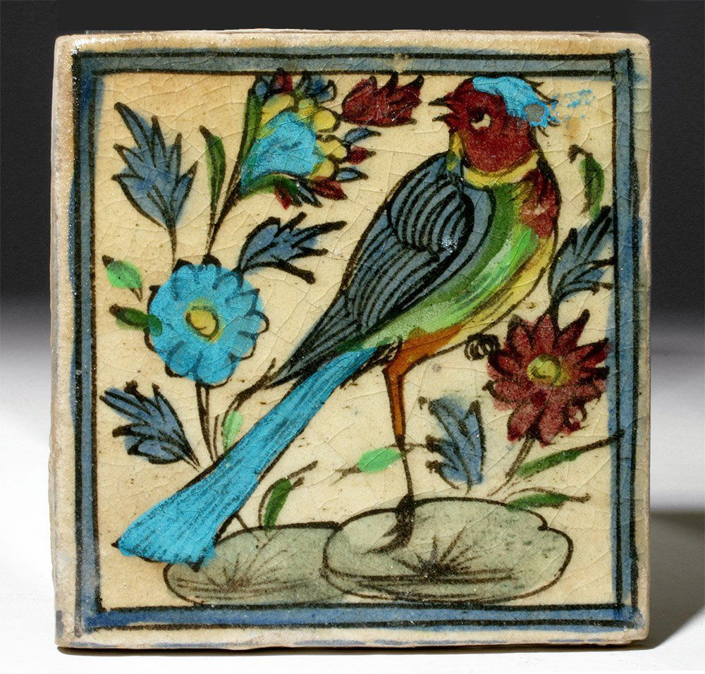 Large 19th C. Persian Glazed Tile - Bird & Flowers (1 of 2)