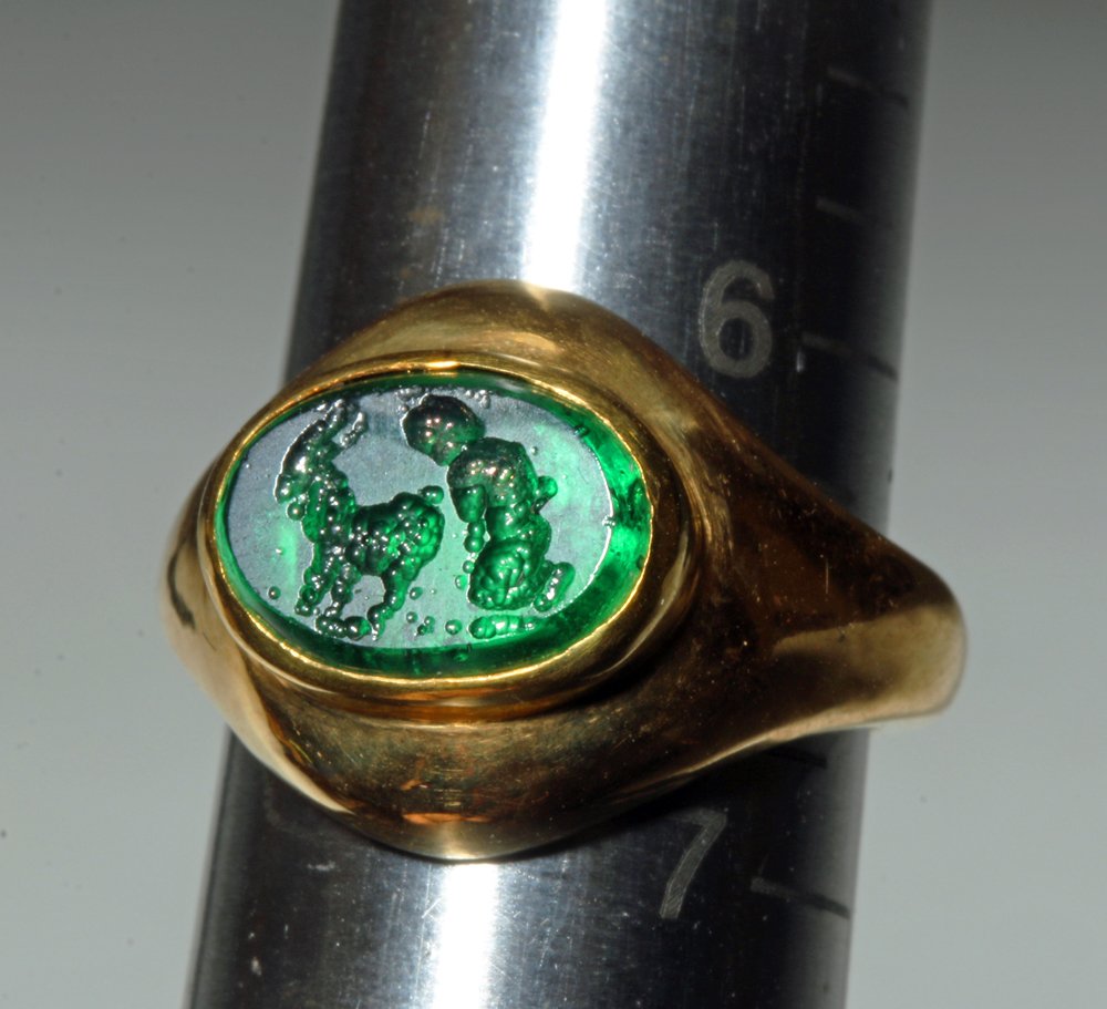 Roman Green Glass Intaglio Gold Ring - Satyr & Goat (1 of 4)