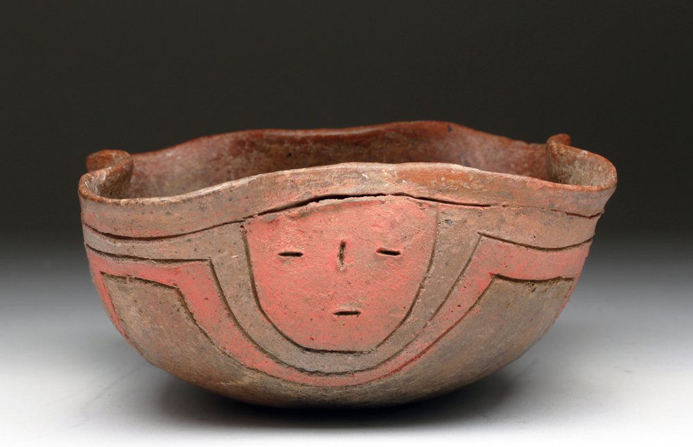 Paracas Polychrome Inised Pottery Bowl - Human Faces (1 of 5)