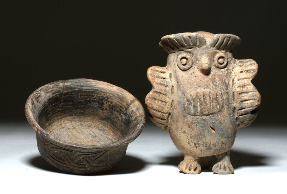 2 Mayan Pottery Objects - Owl Rattle + Impressed Bowl (1 of 4)