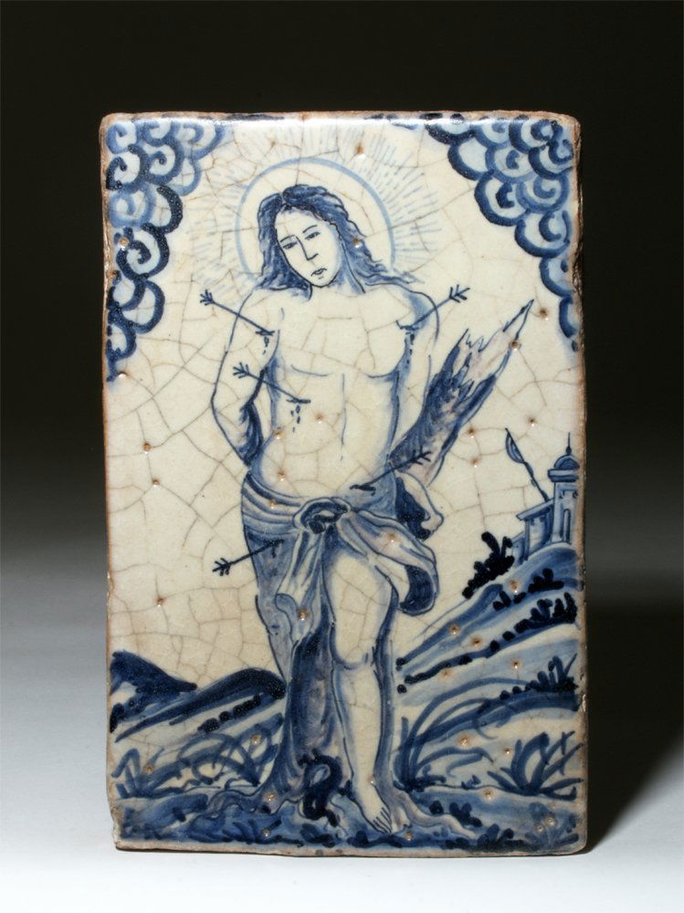 Rare 17th C. European Delft Tile - Saint Sebastian (1 of 2)