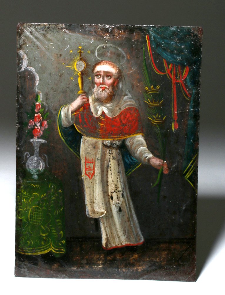 19th C. Mexican Tin Retablo - San Ramon Nonato: Latin America, Mexico, ca. 1880 CE. A very fine retablo, hand painted on heavy gauge tin, depicting Saint Raymond Nonatus (San Ramon Nonato). The visage on this particular example is quite fetching -