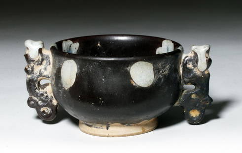 Chinese Tang Dynasty Suffused Glazed Incense Burner: China, Tang Dynasty, 618 to 907 CE, probably from the Duandian kiln, Lushan county, Henan province. Light gray stoneware vessel in the shape of an ancient bronze vessel with two feline-shaped
