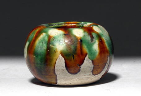 Chinese Tang Dynasty Sancai Glazed Brush Washer: China, Tang Dynasty, ca. 618 to 907 CE. Lovely and guaranteed authentic Tang Dynasty brush pot. Nearly white pottery covered in green, tan and brown glaze with slight iridescent surface. Gorgeous! Siz