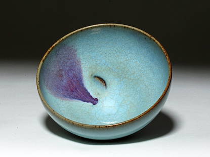 Chinese Junyao Purple-Splashed 'Bubble' Bowl: Far East, China, Song-Jin Dynasty, ca. 12th - 13th century CE. An elegant purple-splashed Junyao stoneware "Bubble" bowl, of a rounded form raised on a neatly cut ring foot, adorned with an opaque bub