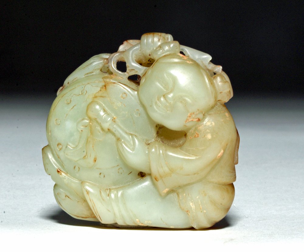 19th C. Chinese Celadon Jade - Female Child Drummer (1 of 3)