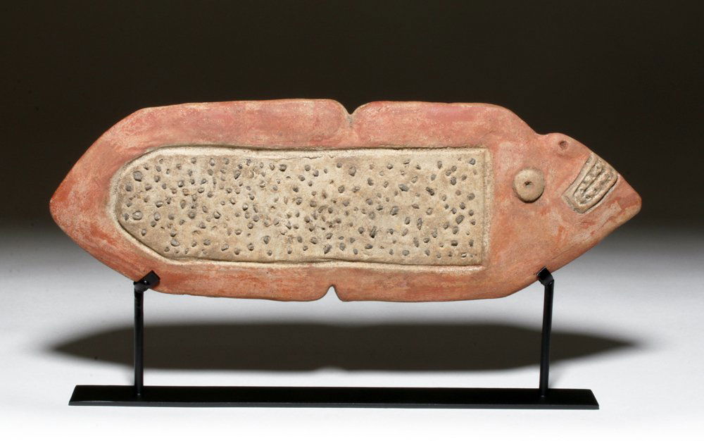 Pre-Colombian La Tolita Terracotta Fish Grater: Pre-Columbia, Colombia, La Tolita, Tumaco, ca. 500 BCE to 500 CE. Effigy graters (rollador) were utilized in the Tumaco region of what is now Colombia, by the Tolita culture, from approximately 500BC