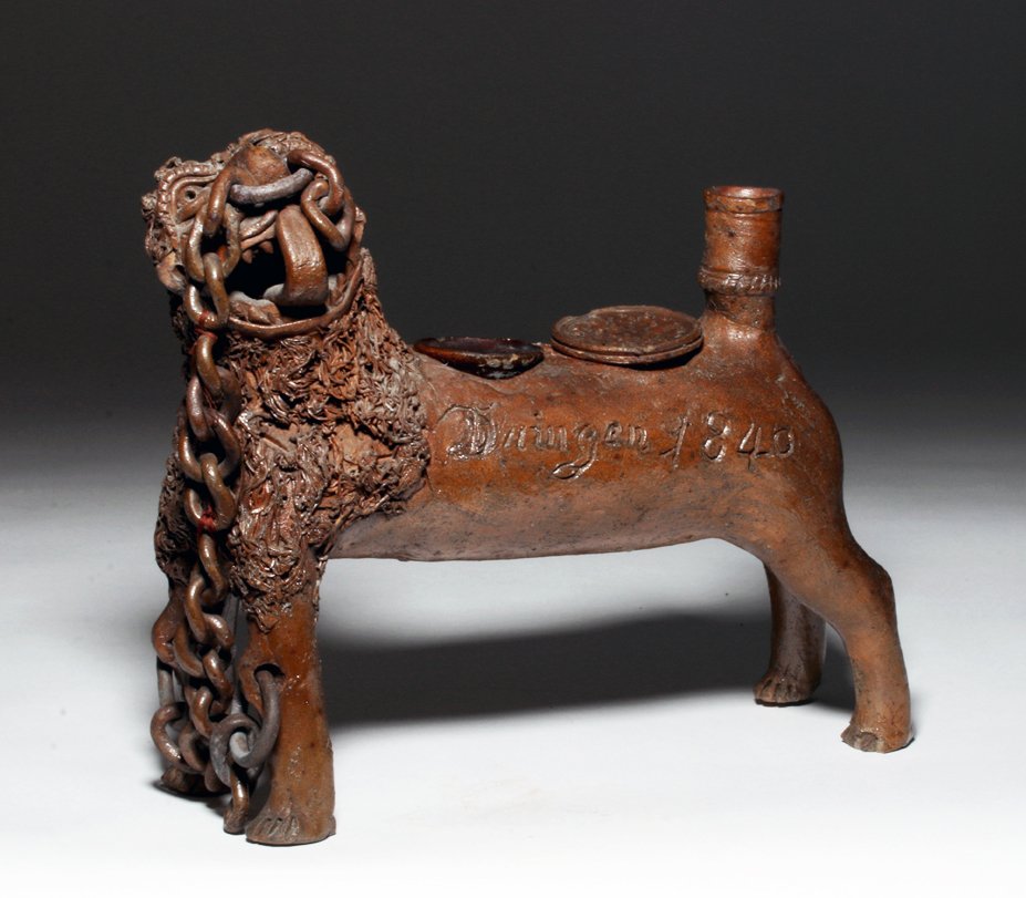 German Glazed Pottery Inkwell, Lion Form - Dated 1840 (1 of 6)