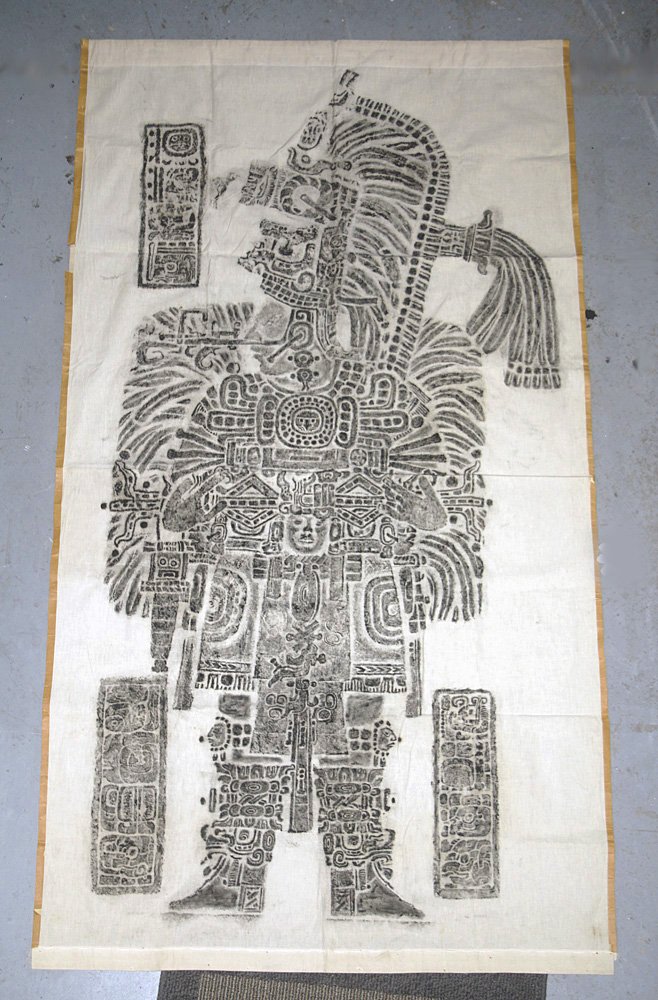 Detailed Rubbing of Classic Mayan Stela: Central America, Nicaragua, rubbing of original Classic period Mayan artwork, ca. 1970s CE. The incredibly detailed artwork of the stela has been captured very well by this chalk rubbing, which was ac