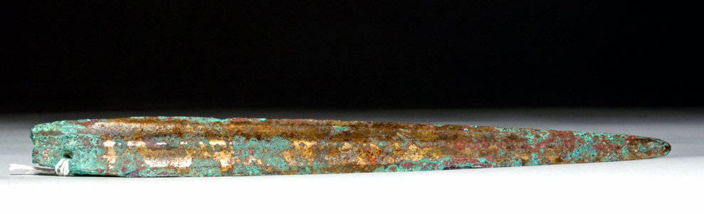 Chinese Warring States Gilt Bronze Dagger, ex-Piscopo: China, Warring States Period, 475 to 221 BCE. This is a bronze dagger blade with the remains of gilding; gilt was often applied over bronze to prevent oxidation and for decoration. As the name