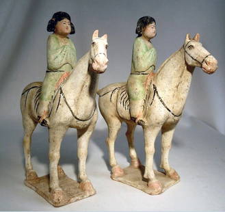 Pair Chinese Tang Dynasty Equestrian "Fat Ladies": Far East, Chinese, Tang Dynasty, ca. 618 to 907 CE. An exceedingly rare pair of Tang Dynasty court lady equestrian figures with considerable polychrome remaining in unusually fine condition. These