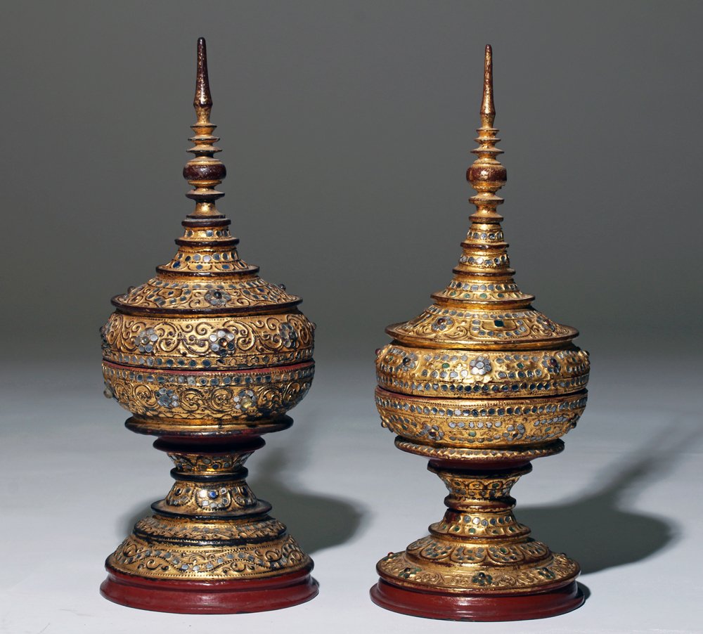 19th C. Burmese Painted Bamboo Temple Offering Jars (1 of 6)