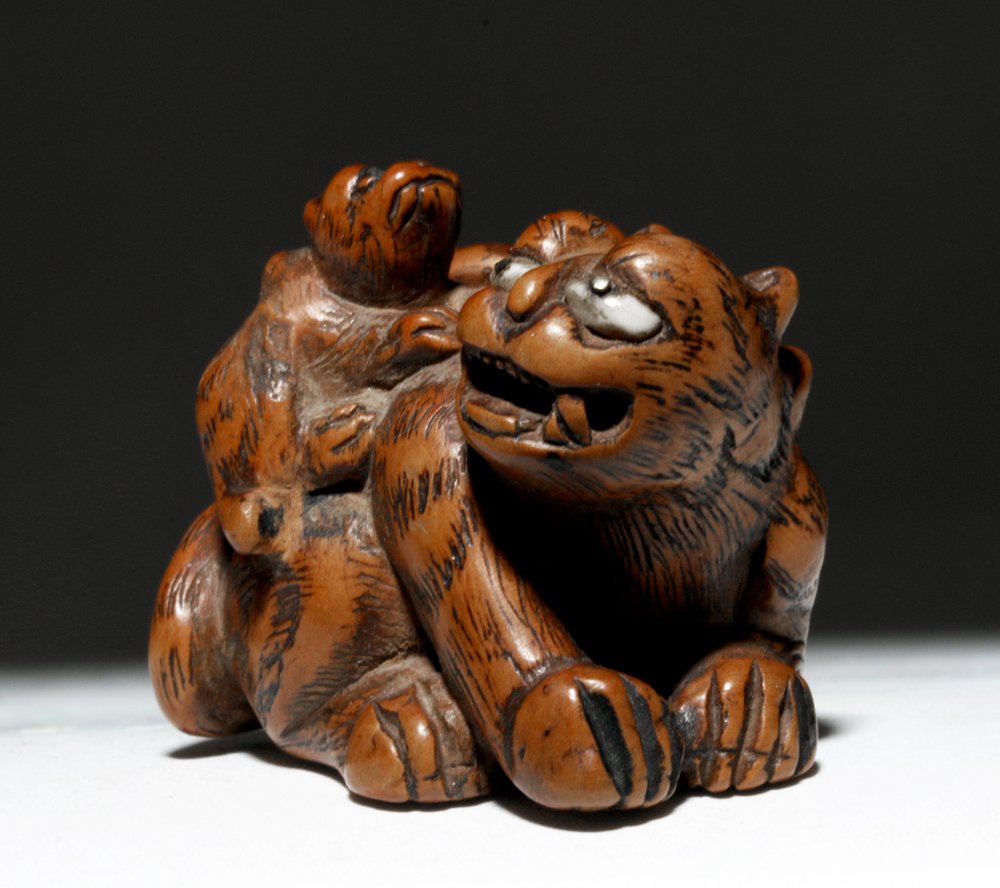 Japanese Boxwood Netsuke - Tiger and Baby: Far East, Japan, Edo period, 18th to mid-19th century CE. This netsuke, made of boxwood, depicts a tiger with her baby perched on her back. Her eyes are small bone details. The tiger is one of the sym