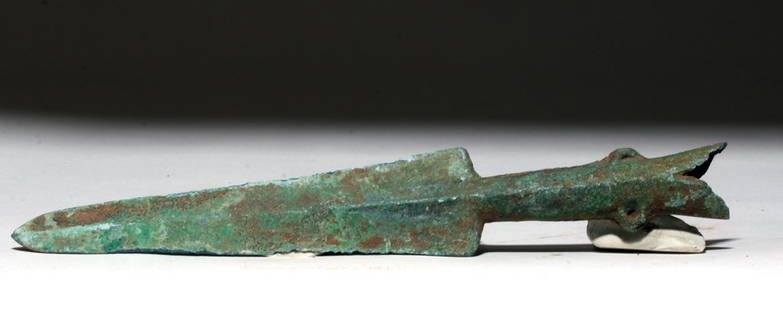 Chinese Zhou Bronze Socketed Spearhead, ex-Piscopo: China, Eastern Zhou, 770 to 256 BCE. This is an interesting (especially to the chemistry nerds among us!) bronze socketed spearhead from the Eastern Zhou period, a time of warfare and upheaval when