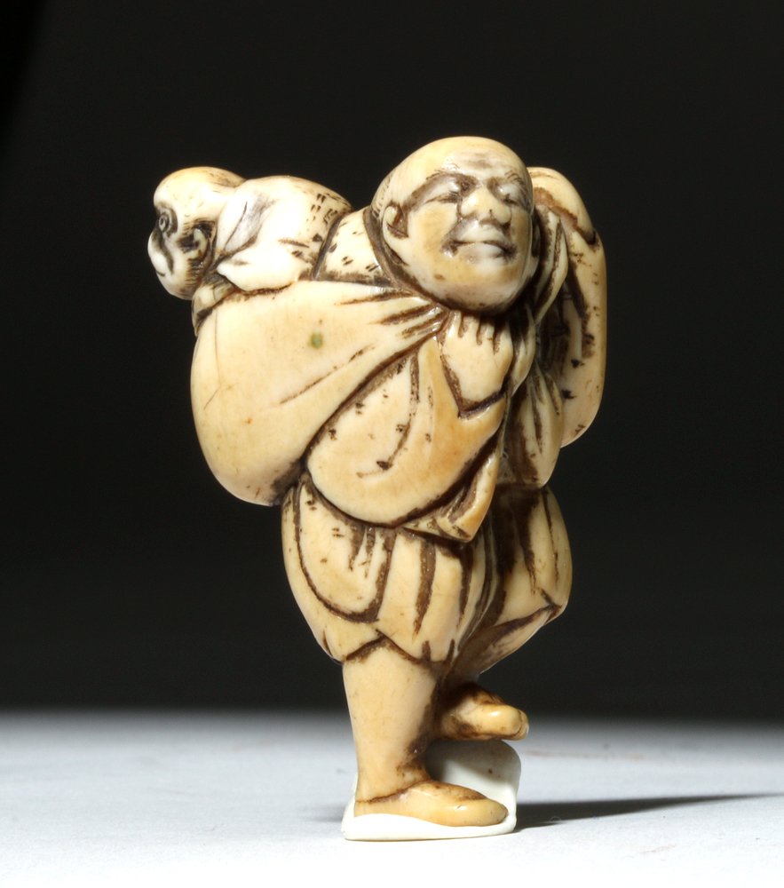 Japanese Ivory Netsuke Figure - Traveler w/ Monkey (1 of 4)