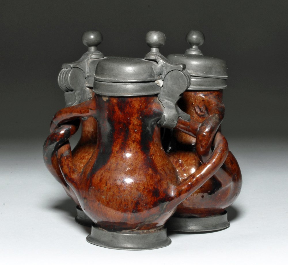 Rare German Glazed Brownware / Pewter Fuddling Cup 1691 (1 of 5)